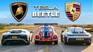 911 GT3 RS v Lambo V12 vs Tesla Beetle DRAG RACE [upl. by Peria767]