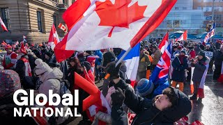 Global National Feb 15 2022  Ottawa protesters defiant as Emergencies Act targets their funding [upl. by Ynnal942]