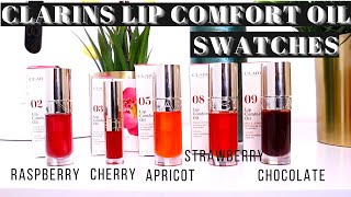 CLARINS LIP COMFORT OIL SWATCHES 🔥🔥 5 SHADES [upl. by Nirehtac]