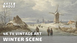 1 Hour Stunning Winter Scene with Windmill Vintage Art TV Screensaver  4K UHD Painting Slideshow [upl. by Rednael]