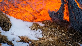 CLIP Lava on snow and grass  2 min 4K  Geldingadalur Eruption in Iceland 2021 [upl. by Hazlett899]