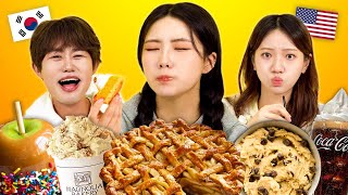 Koreans Try American Desserts For The First Time Apple Pie Cookie Dough Coke Float  KATCHUP [upl. by Byram]