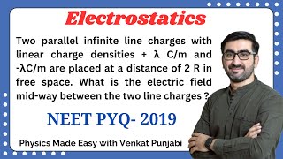 Two parallel infinite line charges with linear charge densities  Electrostatics  PYQ  NEET 2019 [upl. by Adelric]