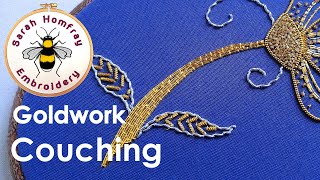 Couching gold threads Goldwork embroidery for beginners Flosstube tutorial [upl. by Ellehsor]