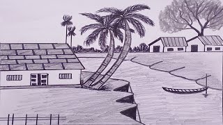 Riverside village scenery drawing with pencil। easy village landscape drawing। Sowa Moni Arts [upl. by Fernandez]