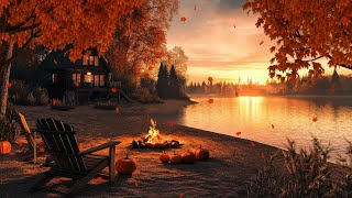 Autumn Lakeside Ambience with Campfire Rustling Leave and Lakeshore Sound  Sleep Rest Relax [upl. by Mahau967]