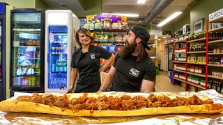 WIN 50 CASH IF YOU CAN FINISH THIS GIANT MEATBALL SUB IN CHICAGO  BeardMeatsFood [upl. by Strenta]