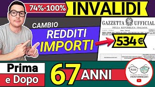 INVALIDITA CIVILE PRIMA e DOPO 67 ANNI CAMBIANO IMPORTI e REDDITI ➡ invalidi parziali totali 534€ [upl. by Corly715]