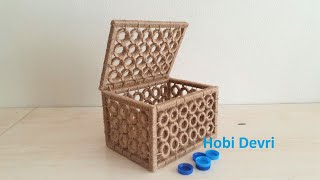 Diy Making Box with Plastic Bottle Caps and JuteStorage Jewellery Box İdeas Mavi Kapaklardan Kutu [upl. by Nats]