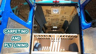 PLY LINING and 4WAY STRETCH CARPETING a campervan LIKE A PRO  DIY Budget Campervan Conversion [upl. by Nive]