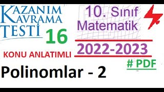 10 Sınıf  Kazanım Testi 16  Polinomlar 2  MEB  2022 2023  Matematik  PDF  TYT  AYT [upl. by Nnylharas]