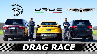 Dodge Durango Hellcat vs Lamborghini Urus vs Jeep Trackhawk  DRAG amp ROLL RACE [upl. by Nova]