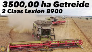 Großeinsatz Getreideernte 3500ha mit 2 Claas Lexion 8900 mit jeweils 1380m Convio Schneidwerk 2022 [upl. by Aitnwahs168]