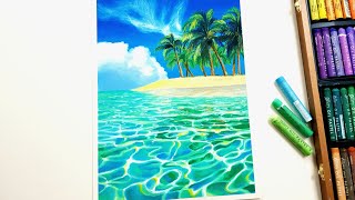 오일파스텔 풍경화 그리기 에메랄드 바다 그림 Oil pastel drawing Emerald Sea landscape [upl. by Fennelly125]