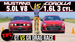 Tiny 3Cylinder Turbo vs Massive ‘Murican V8 Toyota GR Corolla vs Ford Mustang GT Drag Race [upl. by Kauffman]