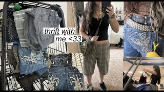 thrift with me summer wardrobe jorts cyber y2k skater lots of cute miss me jeans  try on haul [upl. by Danais]