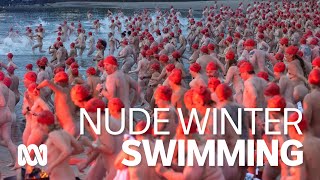 Tasmanias first Dark Mofo nude swim attracted 300 this month therell be 3000 🧊  ABC Australia [upl. by Essiralc]