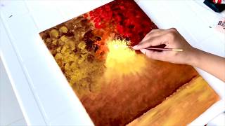 Easy And Simple Landscape Acrylic Painting For Beginners Golden Red Trees [upl. by Oshinski]