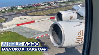 Emirates Airbus A380 Takeoff from Bangkok Thailand  Wing amp Engine View  Scenic Departure 4K [upl. by Aldon]