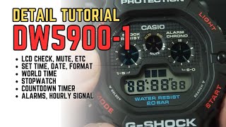 Casio GShock DW5900 Detail Tutorial Module 3465 Time Date LCD Check Mute Alarms Timer etc [upl. by Maharba]