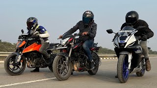 PULSAR NS200 E20 VS KTM DUKE 250 GEN 3 VS R15M  DRAG RACE [upl. by Alanah]