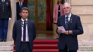 Passation de pouvoir à Matignon  les discours de Gabriel Attal et Michel Barnier [upl. by Oicneconi]