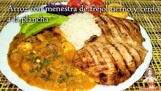 🔥ARROZ CON MENESTRA 🥘DE FREJOL TIERNO Y CERDO A LA PLANCHA🇪🇨🥘 [upl. by Aitekram]