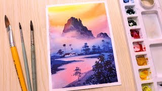 Watercolor painting for beginners mountain landscape easy [upl. by Robenia]