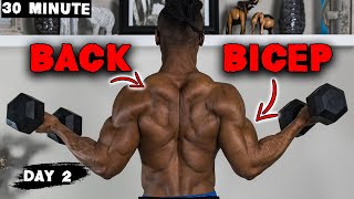 30 MINUTE BACK AND BICEP WORKOUT AT HOME DUMBBELLS ONLY  DAY 2 [upl. by Melcher]